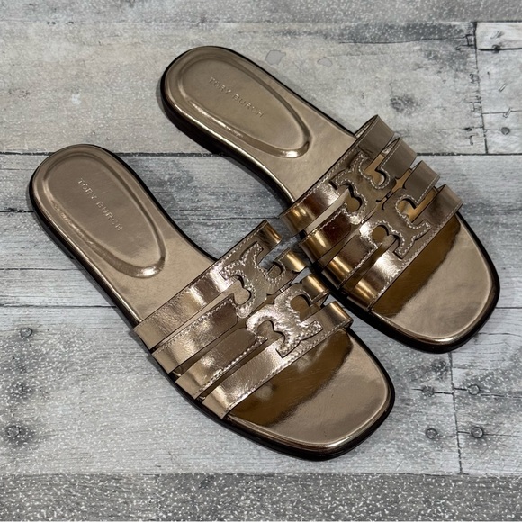 TORY BURCH Ines Caged Metallic Flat Slide Sandals - Size - 7 .US